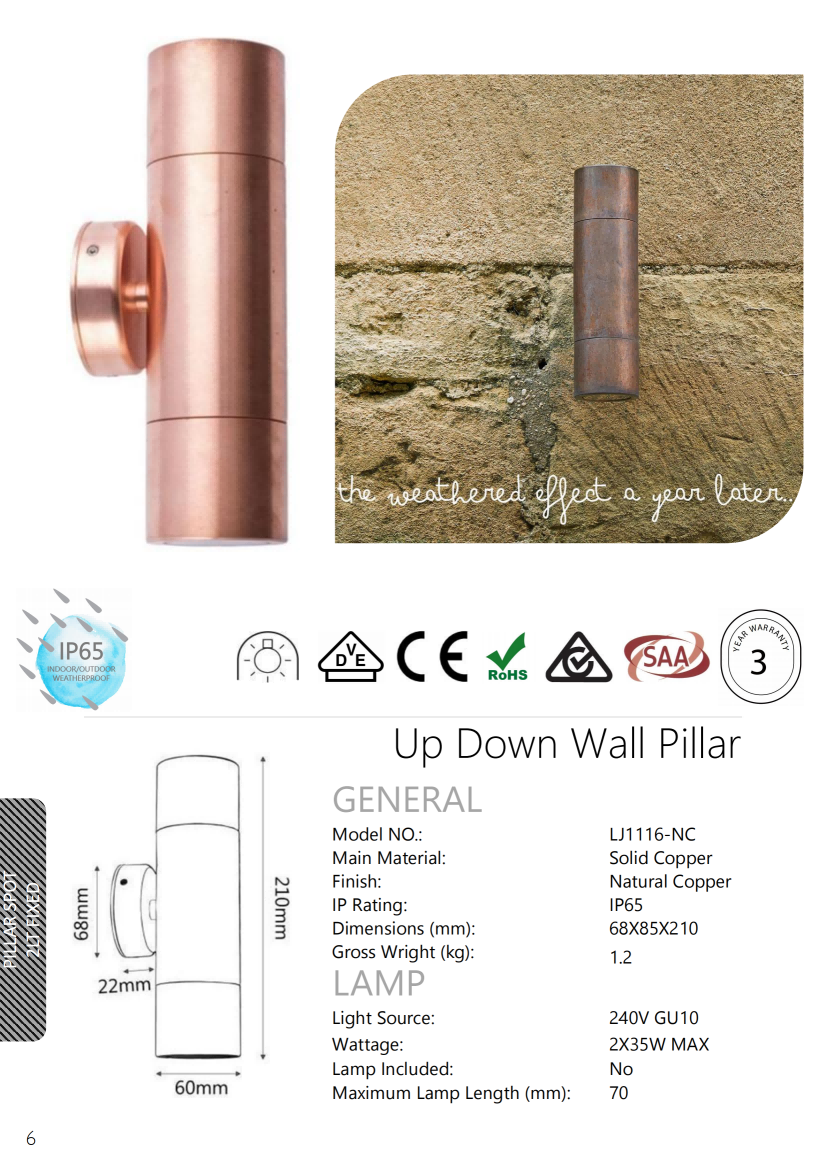 Solid Copper Up & Down Wall Pillar Lights
